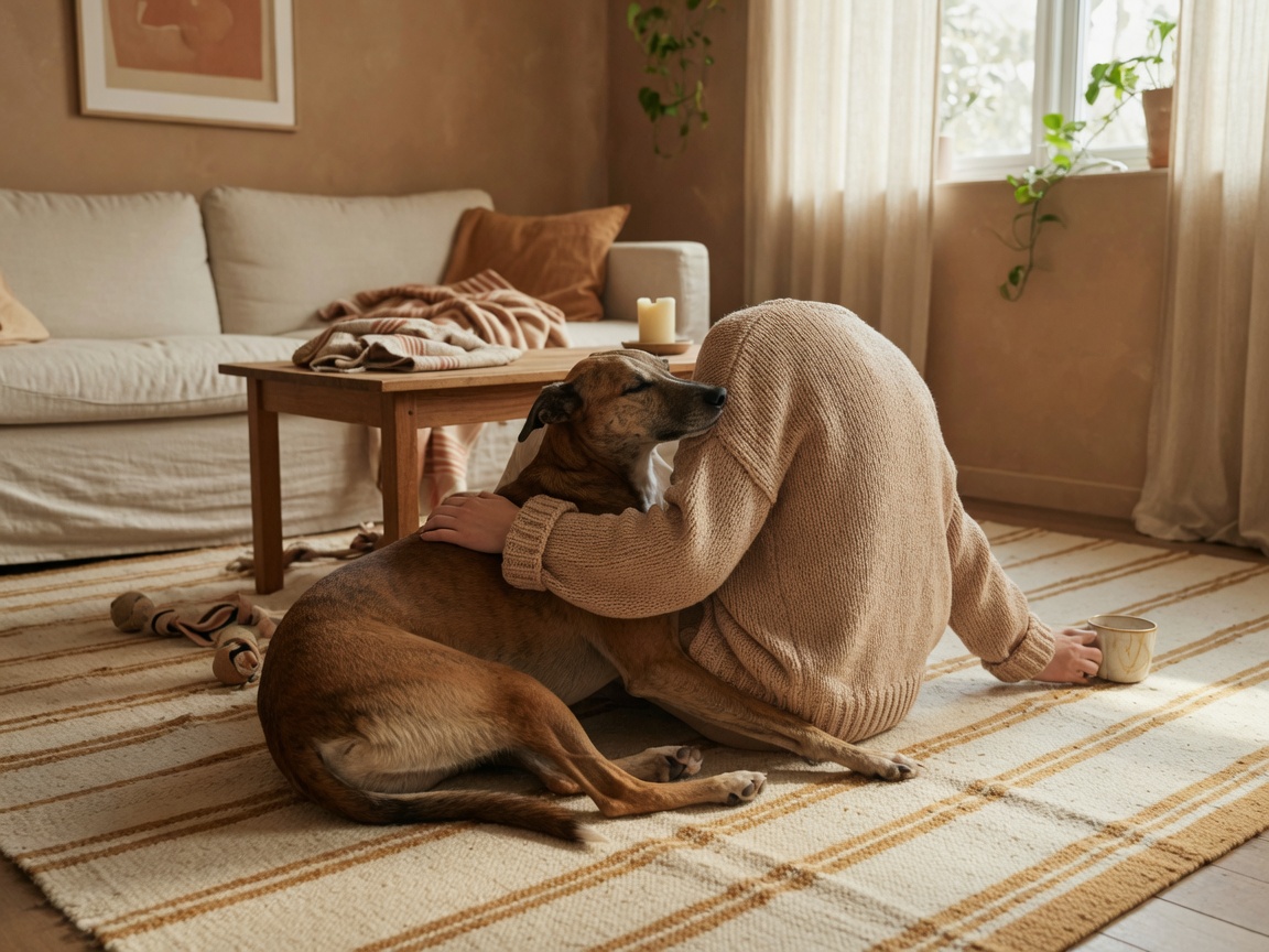 Person in a knit sweater sharing a quiet moment with their dog at home