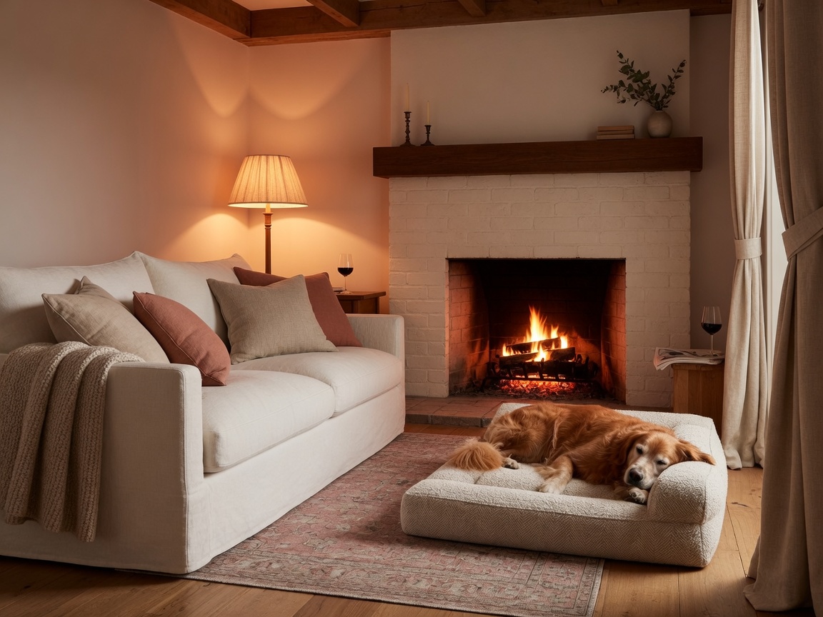 Golden dog resting by a warm fireplace in a cozy living room