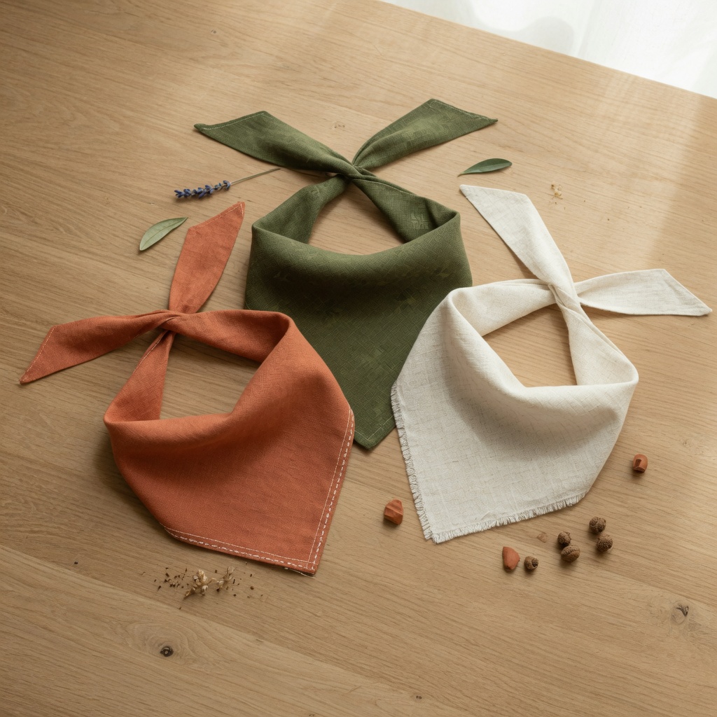 Three dog bandanas in terracotta, moss green, and cream on oak wood