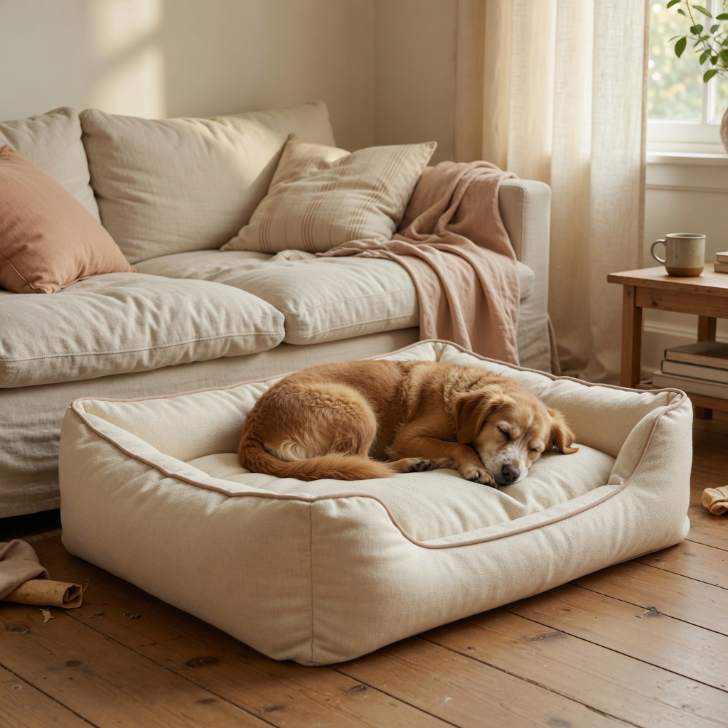 Golden dog sleeping on a cream bolster bed in a sunny living room