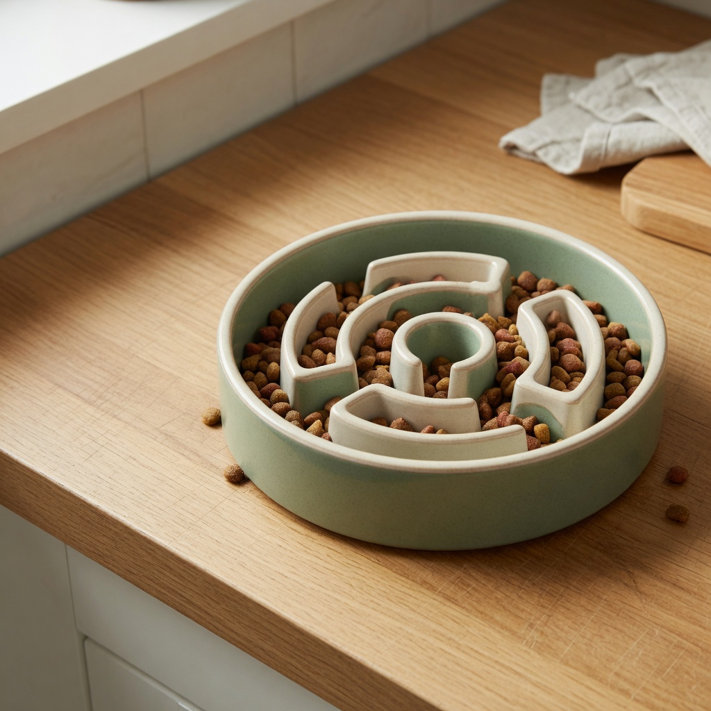 Sage green slow feeder bowl with kibble on a wooden kitchen counter