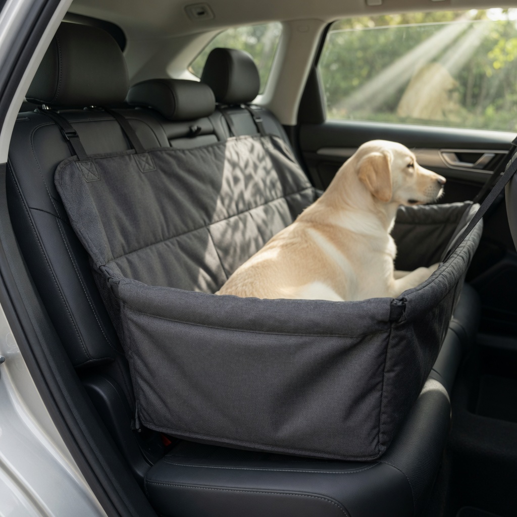 Yellow Labrador on a dark hammock car seat cover in an SUV