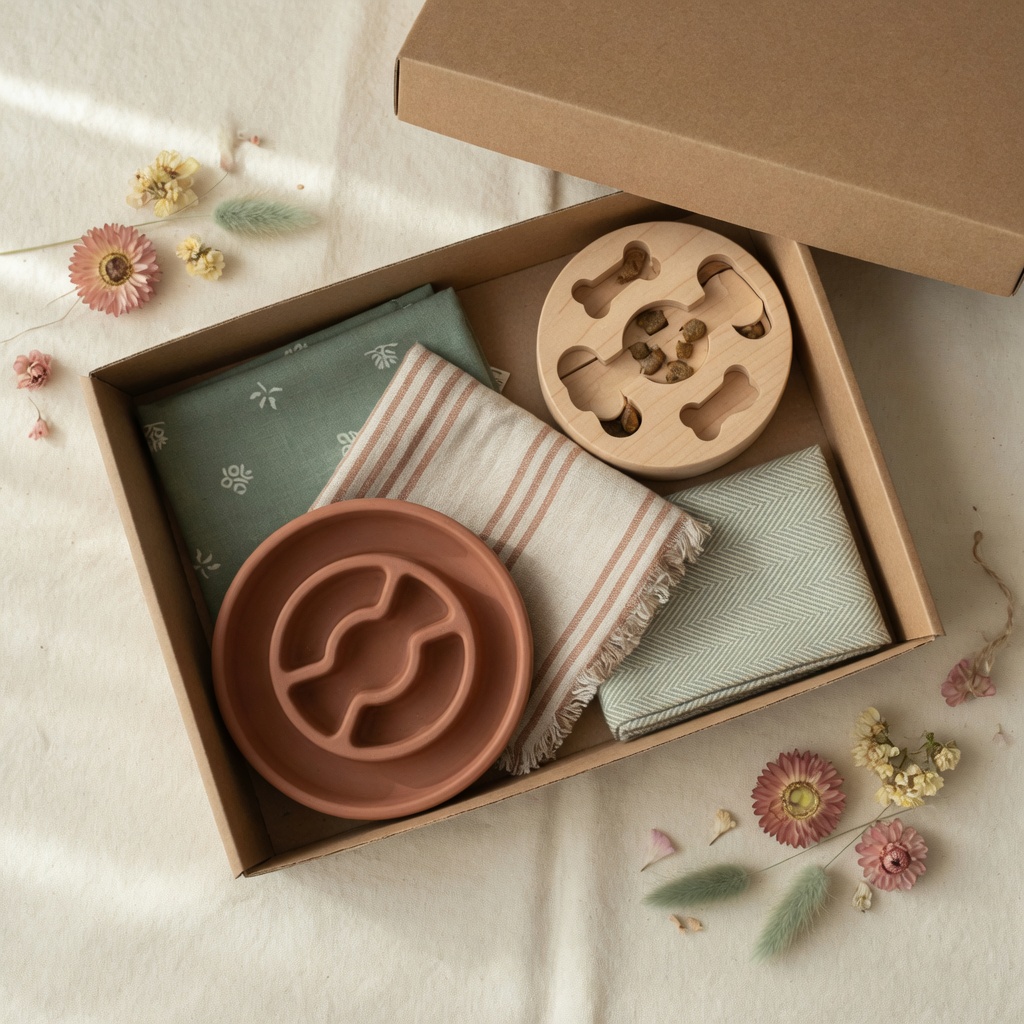 Gift box with slow feeder, textiles, and wooden puzzle toy