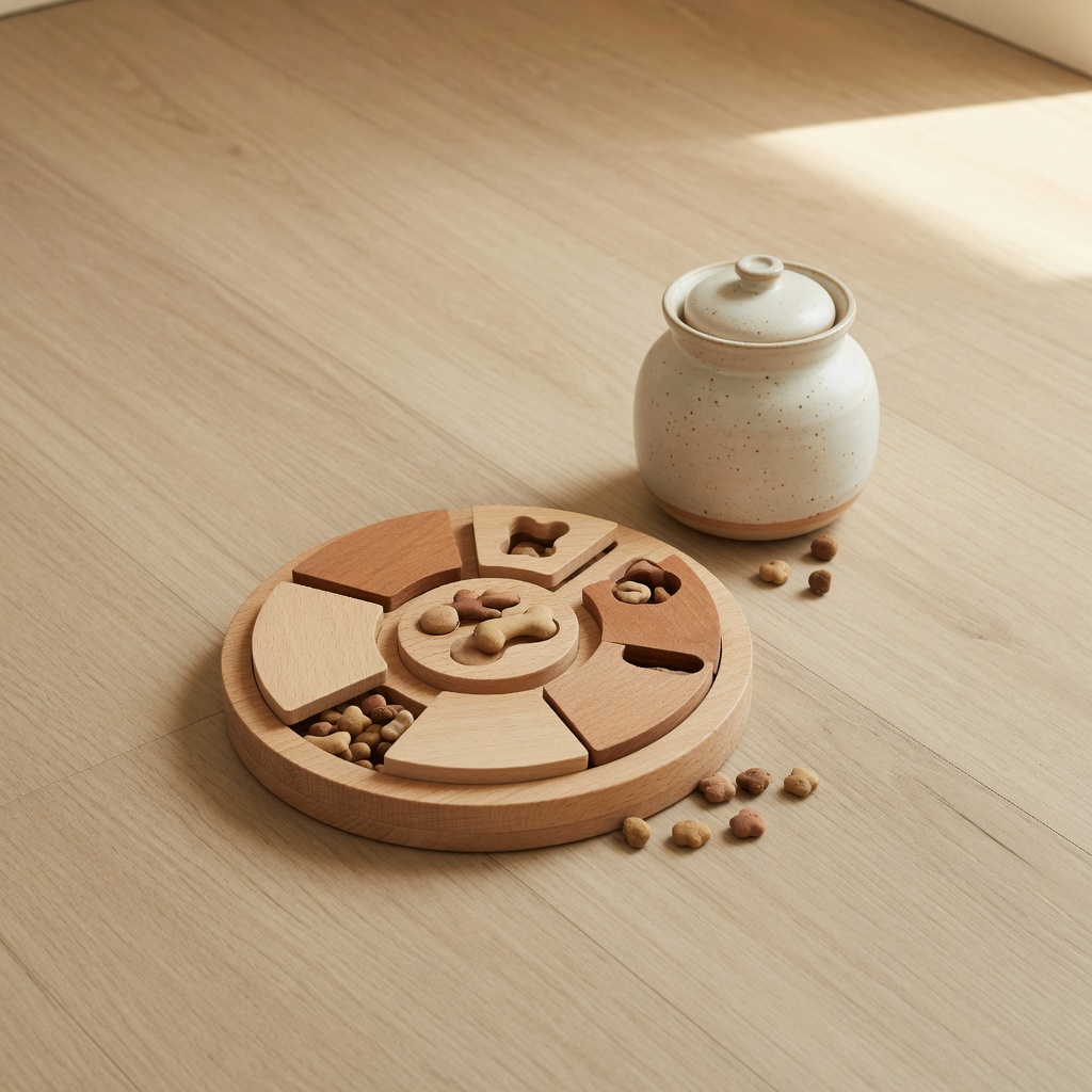 Wooden dog puzzle toy with treats on a light wood floor