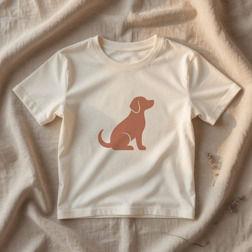 Cream t-shirt with terracotta dog silhouette on linen background