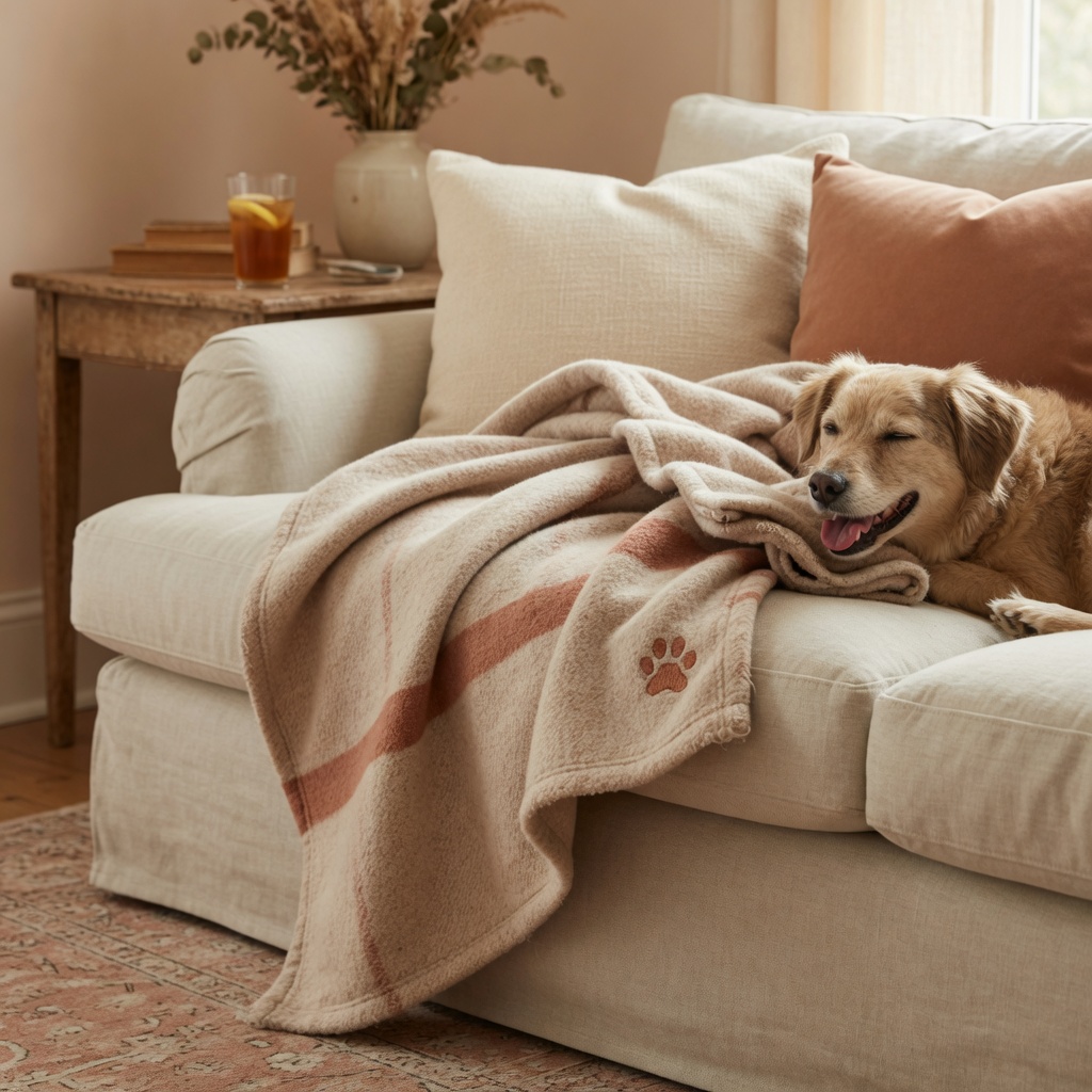Beige pet throw with clay stripes on a linen sofa next to a happy dog
